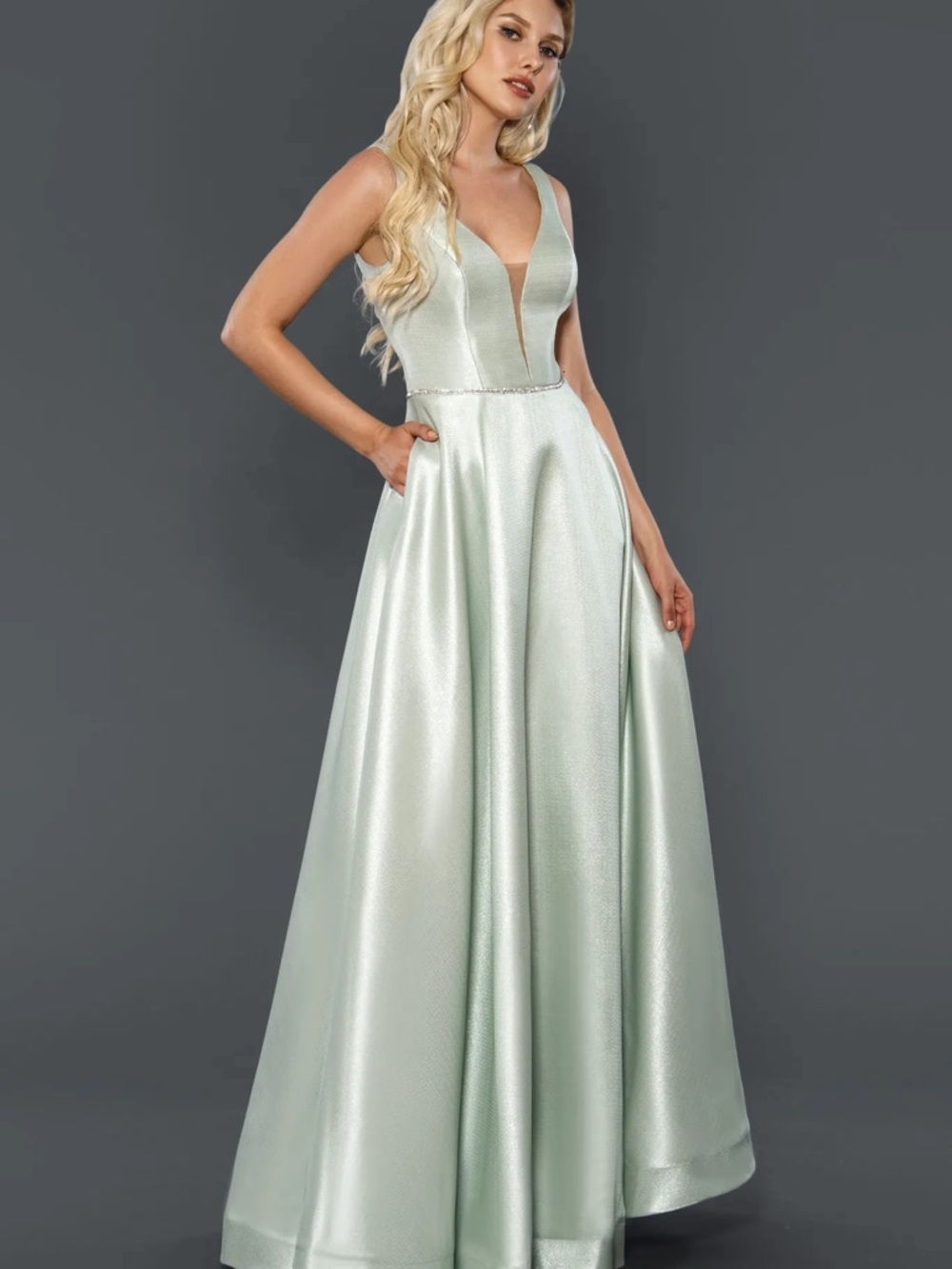 Stellah Mint Green Satin Plunge V-Neck Prom Gown